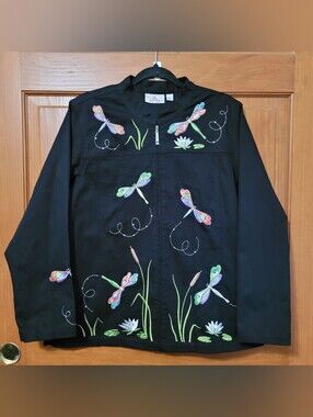 Quacker Factory Dragonfly Embroidered Jacket/Blazer Rhinestones Womens L Black